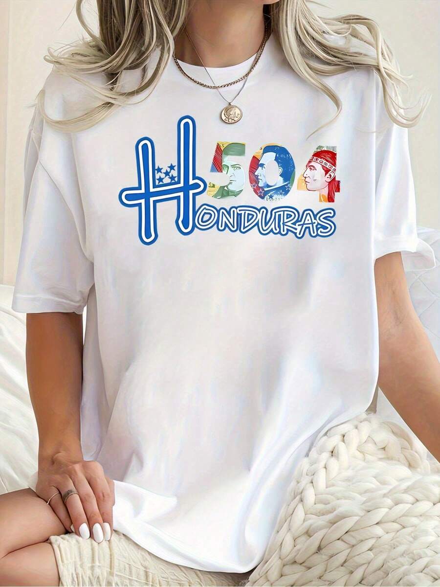 1 pieza de camiseta estilo Y2K con diseño de dibujos animados H504 |     Cuello redondo suave y elástico, lavable a máquina, camiseta casual para todas las estaciones, con el diseño "H504 HONDURAS", fondo negro con letras coloridas, perfecta para uso casual, 180g 100% Algodón. - Blanco - Ver 1