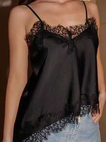 Blusa de verano para mujer de unicolor con encaje asimétrico y bajo contrastante - Negro - Ver 5