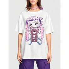 Camiseta de mujer con estampado de anime, linda, de manga corta, casual, cuello redondo, patrón de chica de dibujos animados, ropa minimalista blanca para mujeres, camiseta de mujer con estampado de anime, linda, de manga corta, casual, cuello redondo, patrón de oso de dibujos animados, ropa minimalista blanca para mujeres, impresión geométrica, ajuste regular, tejido elástico, diseño inspirado en anime divertido, adecuada para edades de 4 a 14 años. - Negro - Ver 7