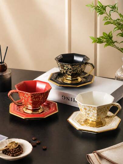 DearDali 1 Set 220ml Vintage Gilded Ceramic Cup & Saucer, European Palace Style Luxury Octagonal Design Gold-Rimmed Mug, Home Decor, Couple/Best Friend Gift, Coffee/Tea Cup