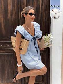 2026 Vestido corto informal de mujer con cuello en V, con ribete de contraste y estampado de rayas - Burdeos - Ver 11
