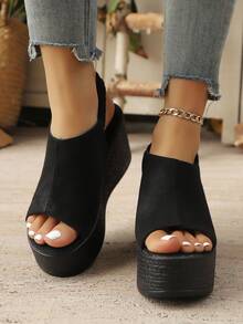 Women's Platform Wedge Sandals, Summer Shoes, Comfortable Chunky High Heel Shoes For Daily, Open Toe Slip-On With Elastic Ankle Strap, Vacation - Black - View 4