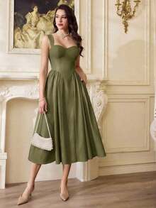 Vestido elegante vintage para mujer con bolsillos, vestido casual para té, fiesta, verano, vacaciones, vestido blanco de verano para mujer, vestido de fiesta, vestido formal con corsé, vestido de cumpleaños, vestido de invitada de boda, vestido de Pascua, vestido de primavera para mujer - Verde militar - Ver 2
