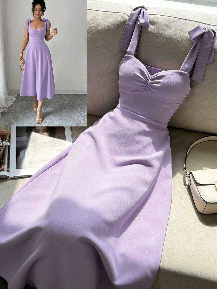 elegante y romántico para mujer con lazo decorativo en la cintura y corte evasé sin mangas - Púrpura malva - Ver 1