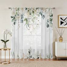 1 pièce Rideau translucide à motif d'eucalyptus vert aquarelle, rideau semi-transparent à imprimé végétal avec poche pour tringle, rideau en polyester léger, convient pour la chambre, le salon, la cuisine et la décoration de la maison - Vert acidulé - Voir 7