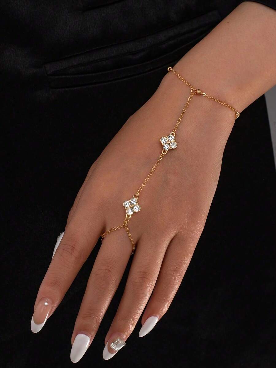 1枚女士珍珠链戒指,简约时尚新娘婚礼手部装饰,百搭日常配饰 - 金色 - 查看 1
