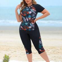 Swim Lushore Plus Size 2pcs Women Leaf Print Patchwork Top And Long Swim Shorts, Black Splicing Round Neck Sleeveless Bikini Set, Beach Vacation For Summer - Multicolor - Ver 4