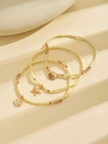 3pcs Fashionable Elegant Rice Bead Anklets, Colorful Beads, Starfish And Shell Charms, Stretchy Multi-Layer Beaded Anklets, Summer Beach Vacation Style, Daily And Holiday Accessories, Suitable For All Seasons (Bead Color Quantity Order Random) - JL04 White - View 2