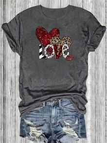 Camiseta Casual de Manga Corta para Mujer - Diseño de Corazón Brillante y Estampado de Leopardo para el Día de San Valentín con la Letra LOVE en Negrita, Cuello Redondo de Corte Holgado, Lavable a Máquina, Top para Todas las Temporadas, Atuendo Diario, Estilo Divertido, Fácil Cuidado, Camiseta Estampada, para Amantes de la Moda - Negro - Ver 5