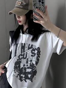 Camiseta de manga corta con estampado de letras gris Y2K, moderna, de verano para mujer, nueva moda, versátil, holgada, cuello redondo, top Y2K - Blanco - Ver 1