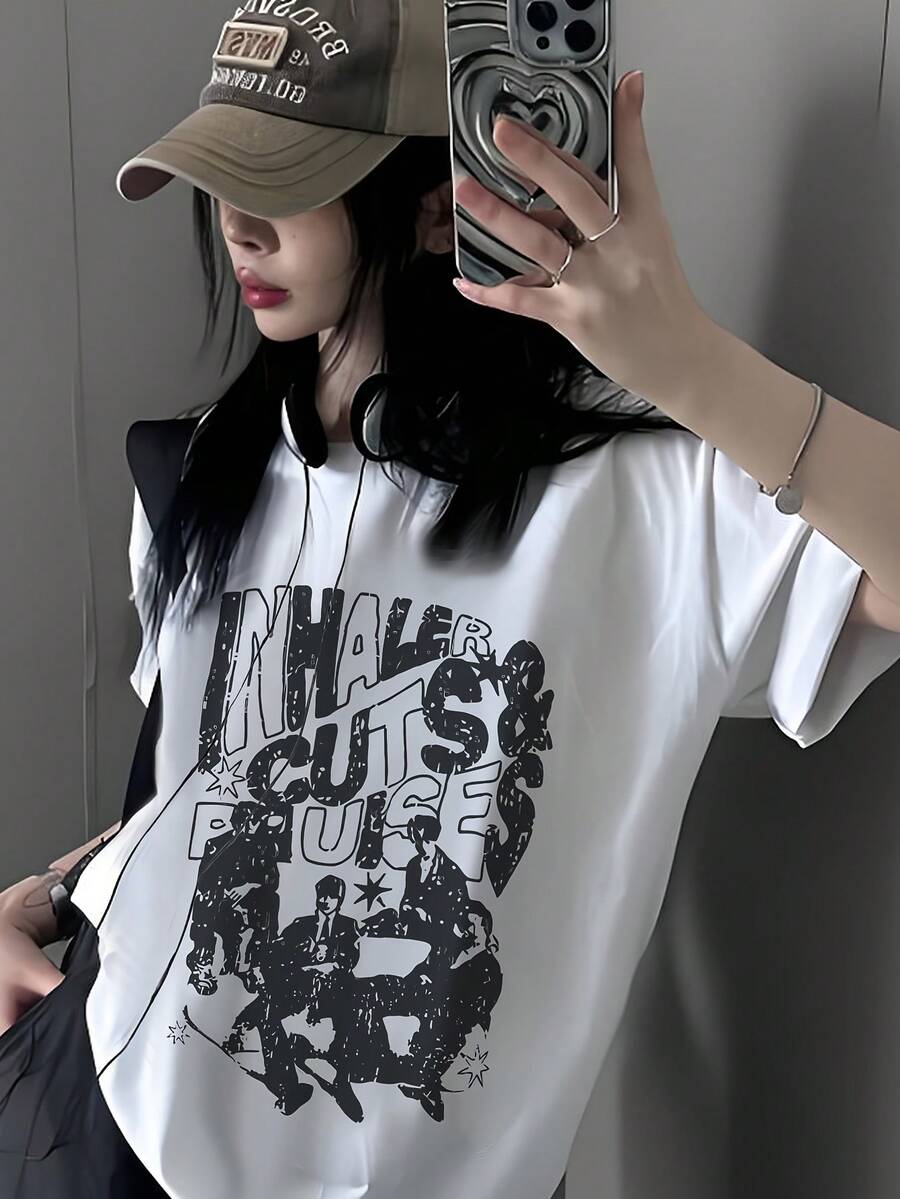 Camiseta de manga corta con estampado de letras gris Y2K, moderna, de verano para mujer, nueva moda, versátil, holgada, cuello redondo, top Y2K - Blanco - Ver 1