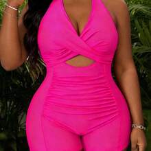 Plus Size Women's Fuchsia Deep V Neck Hollow Out Ruched One-Piece Swimsuit, Beach Holiday - Verde - Ver 5