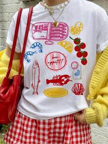 Camiseta para Mujer con Estampado de Frutas y Mariscos, Cuello Redondo, Manga Corta, Diseño Vintage Casual, Ideal para Verano - Blanco - Ver 9