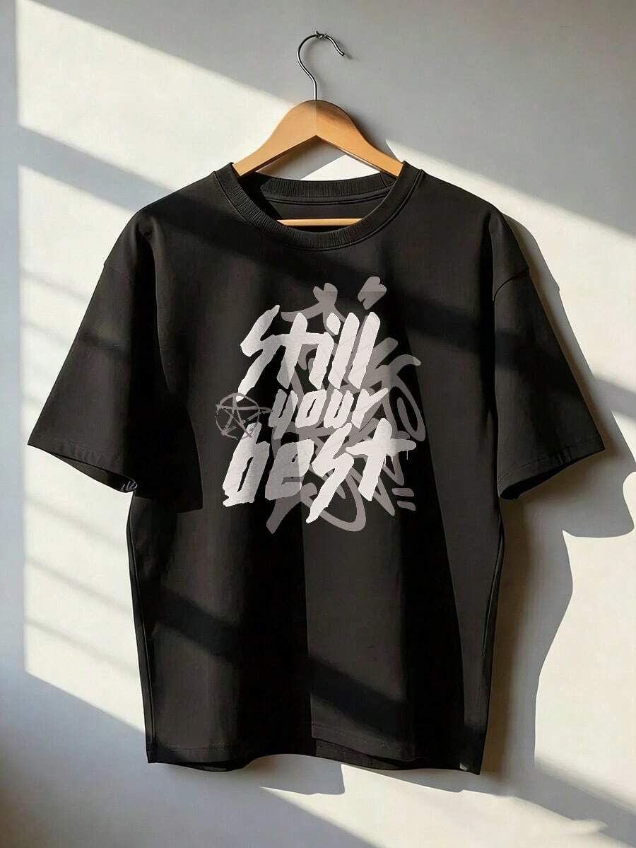 Short-Sleeve T-Shirt With Motivational Slogan In Street Art Style. Short-Sleeve T-Shirt For Spring And Summer 2026, Made In Mexico, 180 Grams. Cartoon Print, Couple Design, Suitable For Indoor Or Outdoor Wear. Crew Neck, Unisex, Ideal For Office And Leisure. One-Pack. - BK-P631577SLNDXZGY380 - 查看 1