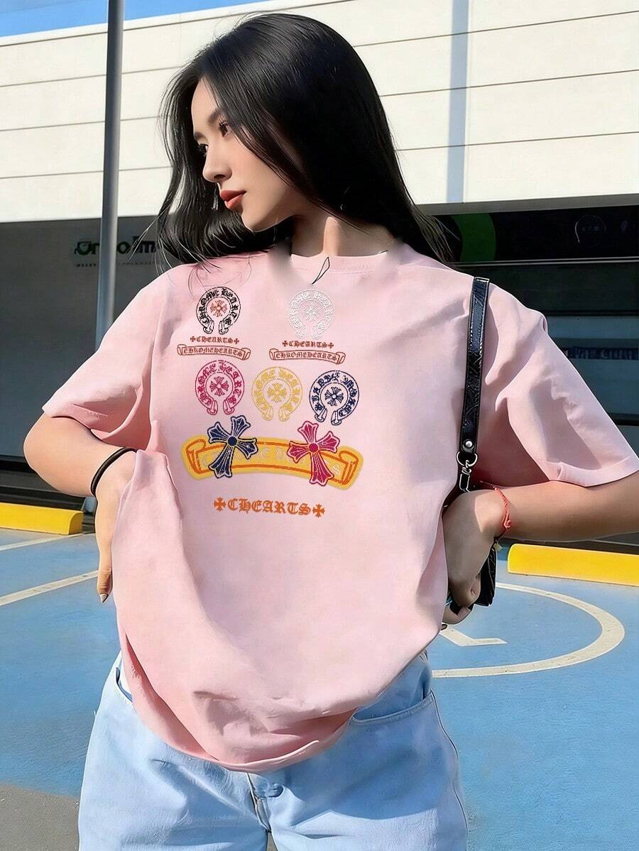 Retro Cross And Text Print Short Sleeve T-Shirt, Fashionable Short Sleeve T-Shirt For Spring And Summer 2026, Made In Mexico, 180 Grams. Cartoon Print, Couple Design, Suitable For Indoor Or Outdoor Wear. Crew Neck, Unisex, Ideal For Office And Leisure. One-Piece Pack. - PK-P631577SLNDXZGY405 - 查看 1