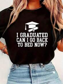 Me Graduí, ¿Puedo Volver a la Cama Ahora? Camiseta de Graduación Universitaria, Manga Corta, Cuello Redondo, Estilo Casual para Verano y Primavera, Ropa de Mujer - Negro - Ver 7