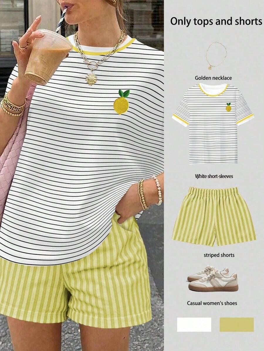 Conjunto de 2 piezas de camiseta de manga corta y pantalones cortos con estampado de corazones y rayas, para uso casual y de vacaciones de mujer - Blanco - Ver 1