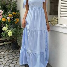 SunnyBelle Blue Striped Square Neck High Waist Sleeveless Backless Spaghetti Strap Drawstring Maxi Dress, Sexy & Vacation Style, Spring/Summer - Multicolor - Ver 7