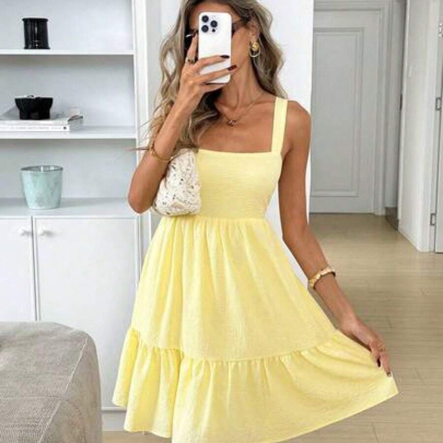 Square Neck Backless Bow Tie Ruched Multi-Layer Ruffle Hem A-Line Pinafore Dress, Crepe Fabric, Casual Relaxed Elegant Office Commute Resort Spring Summer Dress For Women Yellow Sundress Women Yellow Summer Dress Women Casual Sundress Sexy Sundress Summer Dresses For Women Casual Dresses For Women Cute Dresses For Women Sundress For Women Women's Dress Women's Summer Dresses Summer Outfits For Women Dress Women Sundresses Best Selling Dresses Cute Summer Dress For Women Sundress For Women Classy - Amarillo - Ver 1