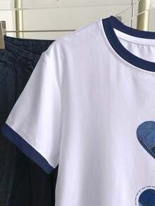Camiseta casual de mujer de manga corta con cuello redondo y estampado de corazón en bloques de color - Blanco 8 - Ver 4