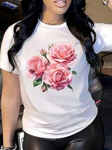 Camiseta de manga corta con estampado floral para mujer - Transpirable y cómoda, estilo casual, cuello redondo, longitud regular, perfecta para primavera y verano, camisetas para damas. - Blanco - Ver 6