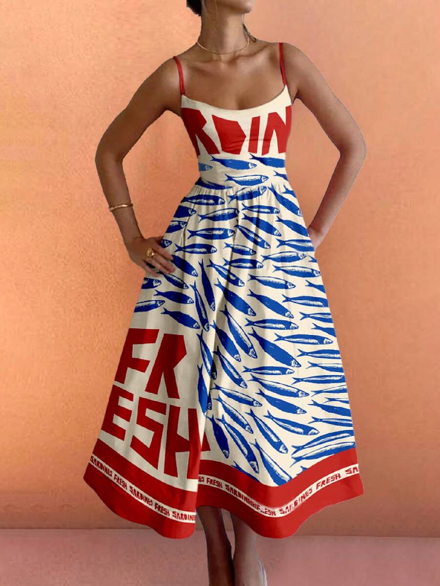 Bohemian Holiday Beach Dress, Casual Vacation Style Vintage Fish Scale Print Backless Maxi Dress, Spring/Summer