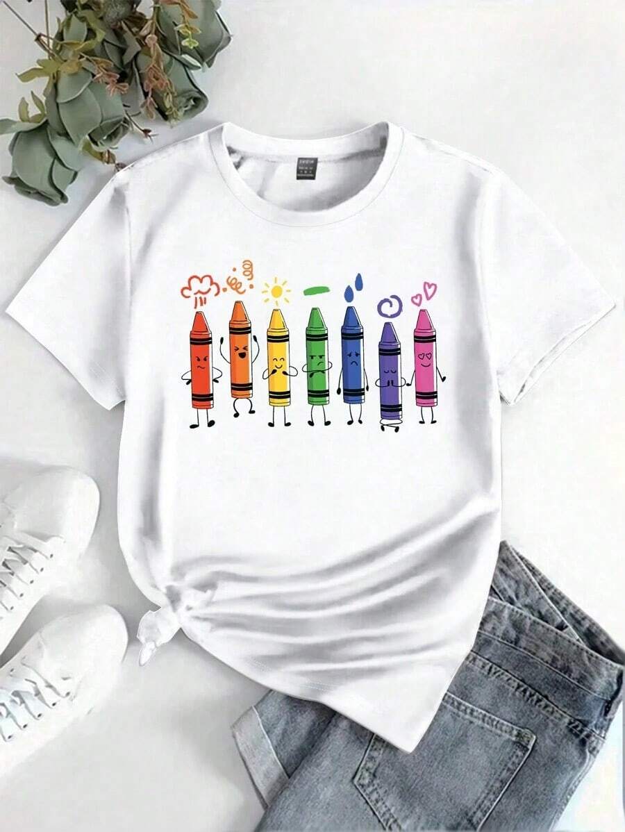 Envío gratis, entrega local enéxico, entrega en 4 días. Camiseta de manga corta  con cuello redondo y estampado de crayones, camisetas gráficas para mujer. - Blanco - Ver 1