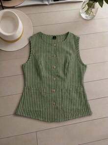 Conjunto de 2 piezas de mujer tejido a rayas de estilo elegante para el verano - Verde - Ver 4