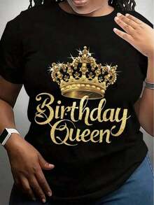 Women's "Birthday Queen" Graphic T-Shirt - White, Casual, Crew Neck, With Sparkling Gold Crown Design And Text, Breathable, Comfortable For All Seasons, Machine Washable, Standard Fit For Parties And Casual Wear, Ladies' T-Shirts, Party Wear, Festive Outfit, Comfortable Fit T-Shirt, Birthday Celebration, Vibrant Design, Soft Material, For Fashion Lovers - 黑色 - 查看 1