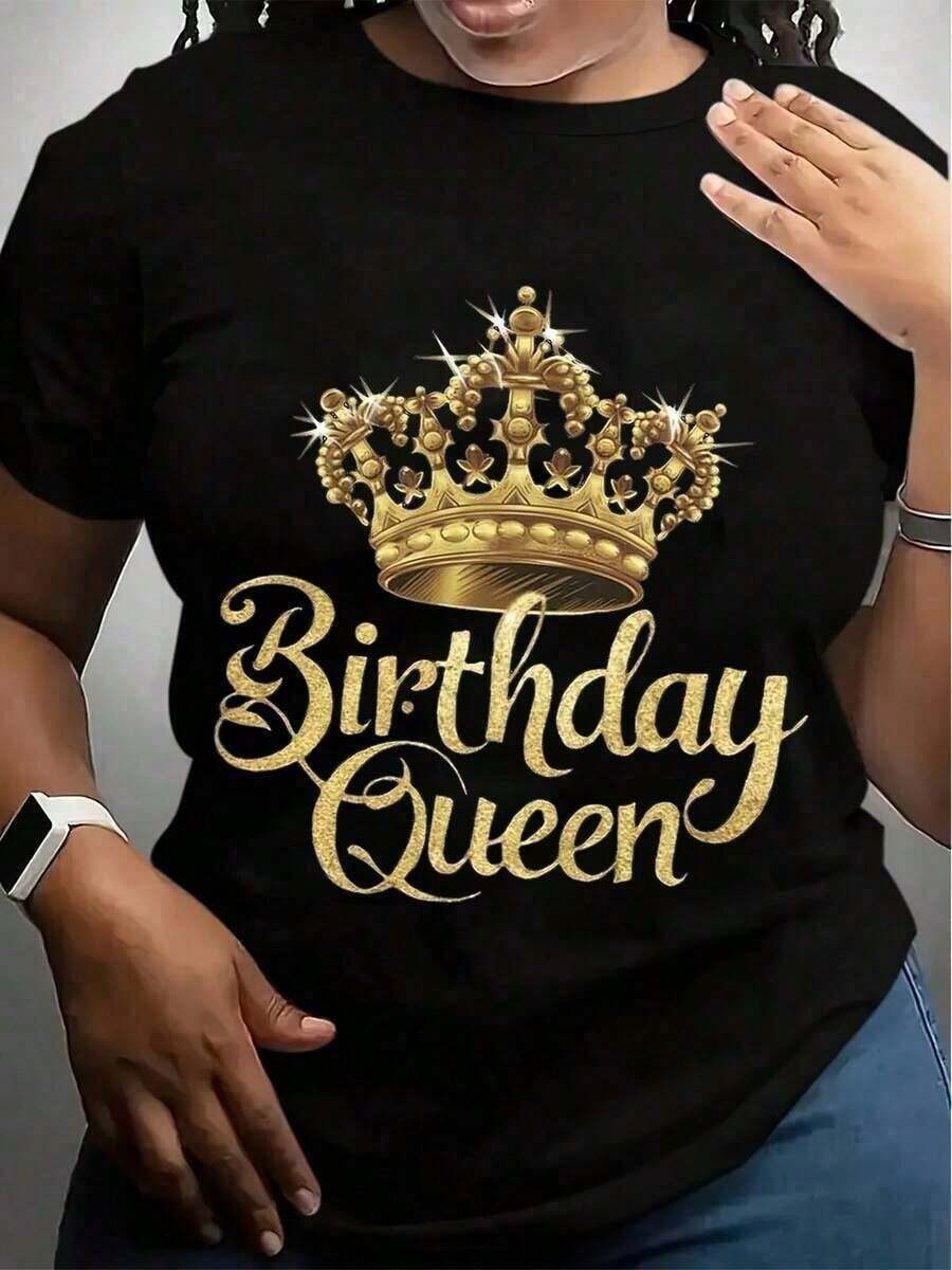 Women's "Birthday Queen" Graphic T-Shirt - White, Casual, Crew Neck, With Sparkling Gold Crown Design And Text, Breathable, Comfortable For All Seasons, Machine Washable, Standard Fit For Parties And Casual Wear, Ladies' T-Shirts, Party Wear, Festive Outfit, Comfortable Fit T-Shirt, Birthday Celebration, Vibrant Design, Soft Material, For Fashion Lovers - 黑色 - 查看 1