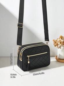 Fashion Quilted Diamond Stitch Multi-Layer Crossbody Shoulder Bag For Women - Black - View 3