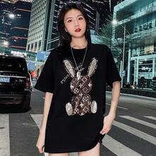 Camiseta de algodón puro de 200g, nueva colección de primavera, corte holgado, con pedrería, manga corta, top de longitud media, color negro. - Blanco - Ver 5