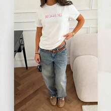 Camiseta de manga corta 100% algodón, estilo europeo y americano de verano, única y versátil, cómoda, con estampado moderno, corte holgado, top favorecedor para mujer. - Blanco - Ver 4