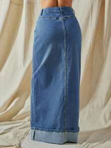High Waist Cuffed Hem Button Up Maxi Denim Skirt With Stretch - Lavado medio - Ver 5