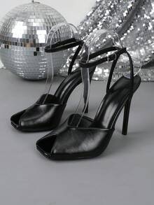 Square Toe High Heel Slip-On Sandals, Fashionable For Spring/Summer - Black - View 11
