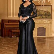 Lady Women's V-Neck Lace Patchwork Pleated Elegant Waist Cinched Long Party Dress - Verde Oscuro - Ver 6