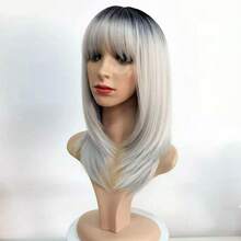 New Product Gradual Change Gray Medium Length Straight Hair Qi Bangs High Temperature Silk Women High Level Clavicle Hair - 白色 - 查看 3