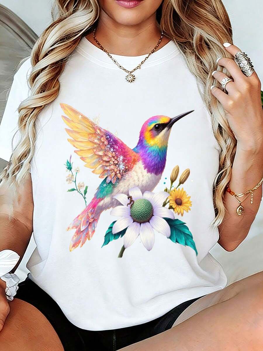 Women's T-Shirt With Hummingbird And Flowers - Soft Short-Sleeved, Round-Neck Top With Rainbow Bird And Daisy Print With Sunflower, Vibrant Casual Summer Blouse, Suitable As A Gift For Mom, Wife, Girlfriend, Casual Spring, Summer And Autumn Outfit - 白色 - 查看 1