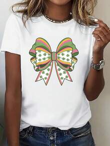 Unieza Women's Short Sleeve T-Shirt, St. Patrick's Day Collection, Simple And Modern Short Sleeve T-Shirt With Round Neck, Shamrock Bow Print, Comfortable And Versatile Everyday Top. Comfortable Basic Spring/Summer T-Shirt, Short Sleeve T-Shirt - 白色 - 查看 1