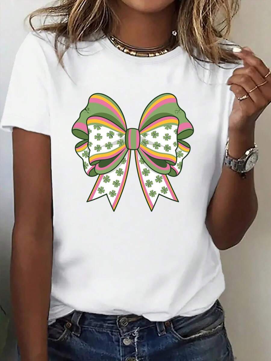 Unieza Women's Short Sleeve T-Shirt, St. Patrick's Day Collection, Simple And Modern Short Sleeve T-Shirt With Round Neck, Shamrock Bow Print, Comfortable And Versatile Everyday Top. Comfortable Basic Spring/Summer T-Shirt, Short Sleeve T-Shirt - 白色 - 查看 1