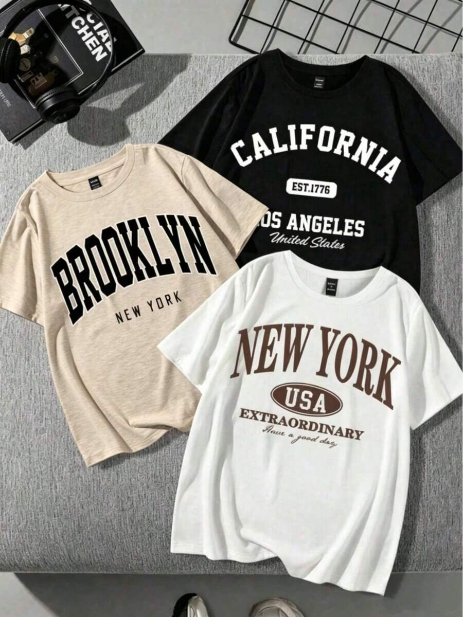 Camisetas Manga 3 piezas/set de camisetas de manga suitable for streetwear, Top oversized cuello redondo daily outings, camping, concerts, hip-hop, rock, and rap events Corta Cuello Redondo Estampado California Los Angeles Brooklyn New York Mujer - Negro - Ver 1
