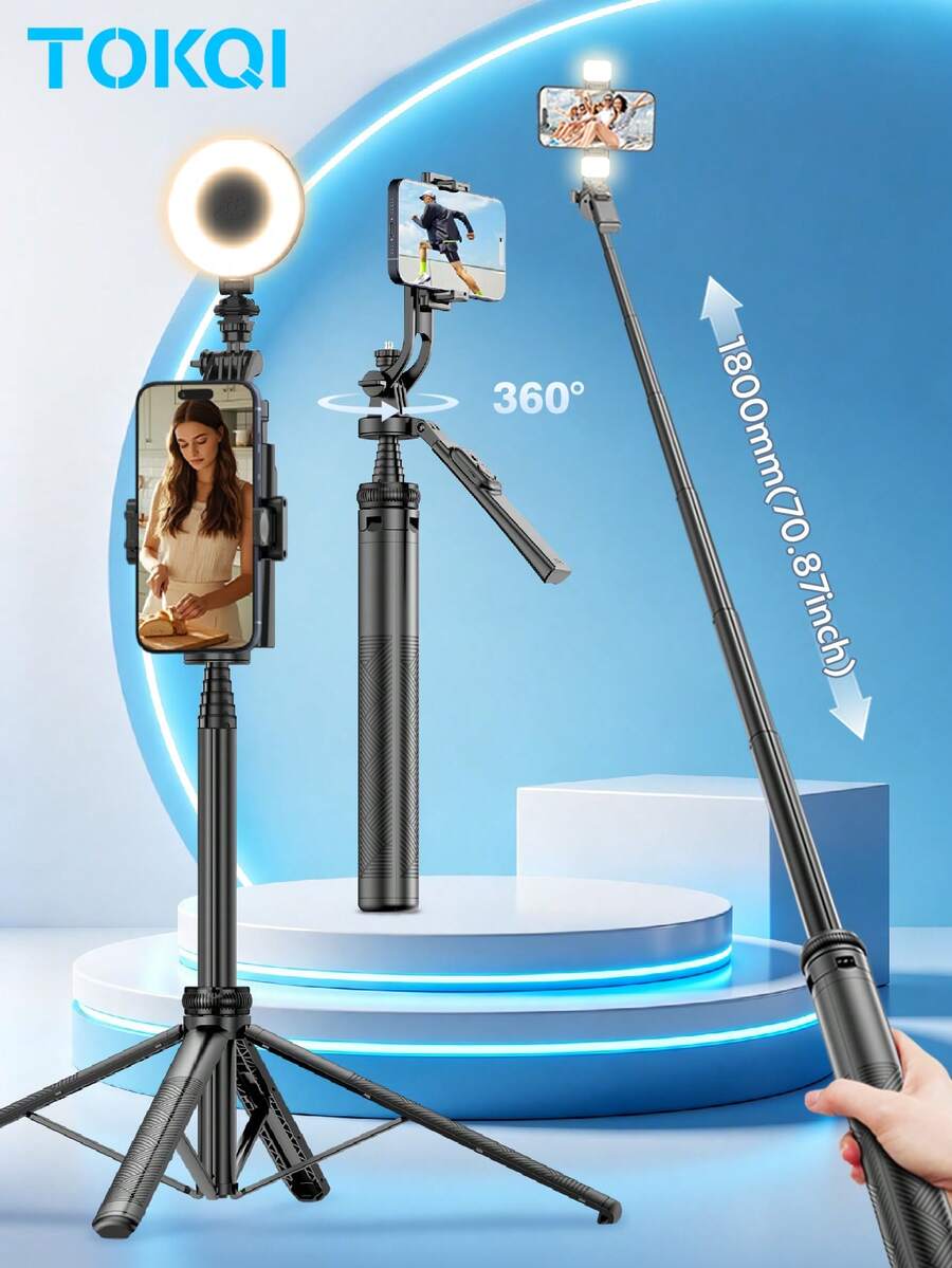 TOKQI Gậy selfie hợp kim nhôm 180cm/70.87in với chân đế ba chân chắc chắn, giá đỡ điện thoại điều khiển từ xa Bluetooth đa chức năng có đèn chiếu sáng, chân đế điện thoại di động có thể thu gọn, tương thích với điện thoại thông minh IOS và Android, thích hợp cho kỳ nghỉ hè, du lịch, hoạt động ngoài trời, phát trực tiếp và nhiều hơn nữa.