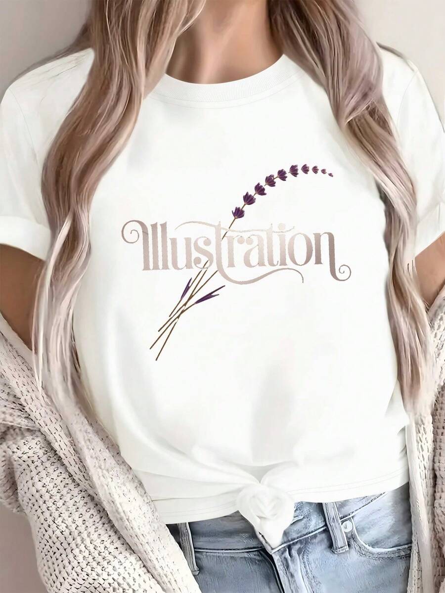 Camiseta Cómodara Mujer con Letras de Caligrafía y Rama de Lavanda - Código Puro