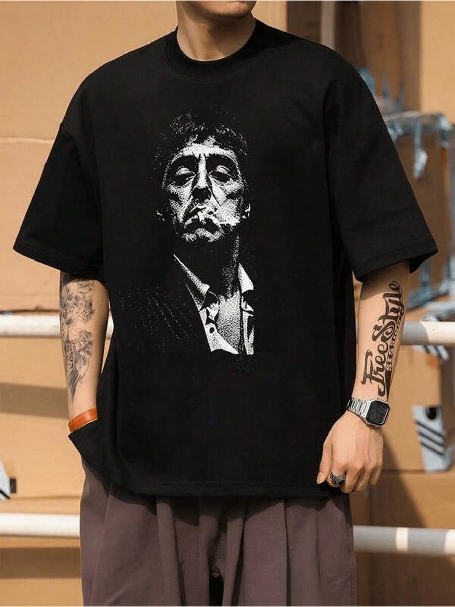 Herr avslappnad sommar-t-shirt med trendigt tryck, realistisk fotostil, retrotryckstil, svart t-shirt - Lämplig för alla årstider, herr avslappnad t-shirt med tryck, unisex, samlar-t-shirt, lös och bekväm för sommaren. - Tillbaka - Visa 1