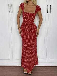 YHHSHEIN  Vestido de verano de cola de pez con dobladillo largo y puntos polka de malla para mujerYHH - Burdeos - Ver 3