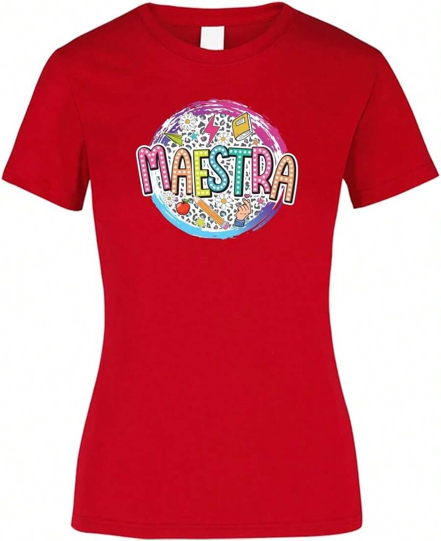 Genérico Playera de Mujer 1 Pza con Estampado para Maestras Estilo Retro |   Día del Maestro |   Playera 100% Algodón y Manga Cortashort-sleeve T-shirt / short-sleeve tee - Rojo - Ver 1