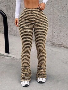 Summer Vacation Outfits Women Black & Beige Striped Fuzzy Textured High Waist Flare Pants, Casual Going Out Bell Bottom Trousers For Beach, 4th Of July Streetwear - 棕色 - 查看 2