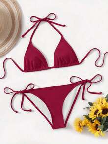 Women's Simple Solid Color Swim Bikini With A Halter Neck And Cutout, Suitable For Beach Vacations And Summer. - Bordeaux 2 - View 3