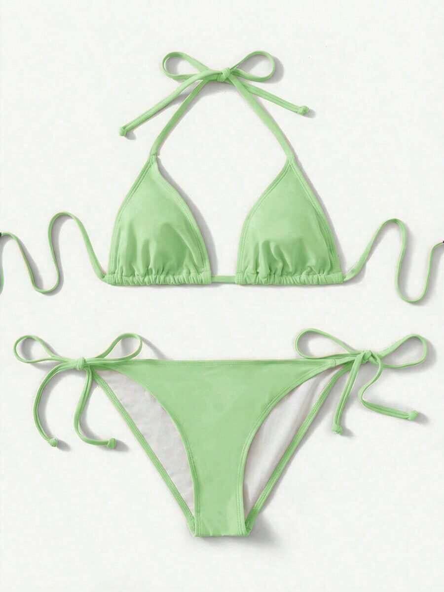 Women's Simple Solid Color Swim Bikini With A Halter Neck And Cutout, Suitable For Beach Vacations And Summer. - 綠色 - 查看 1
