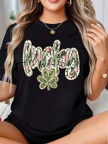1 Lucky Shamrock Graphic Tee For St. Patrick's Day, Casual Women's Tee For Festive Celebrations. It's A Perfect Gift For Friends And Family On Any Holiday Or Special Occasion, 180g 100% Cotton. - 黑色 - 查看 1